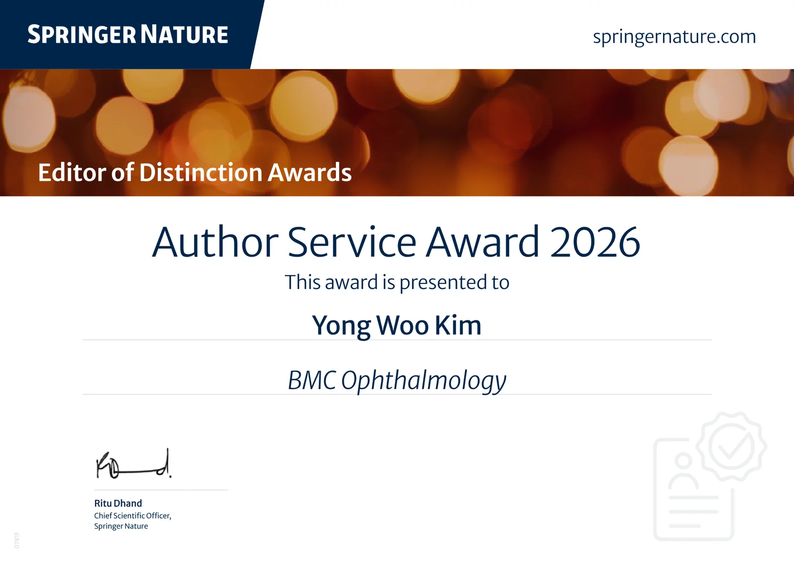 2026 Springer Nature Author Service Award 상장